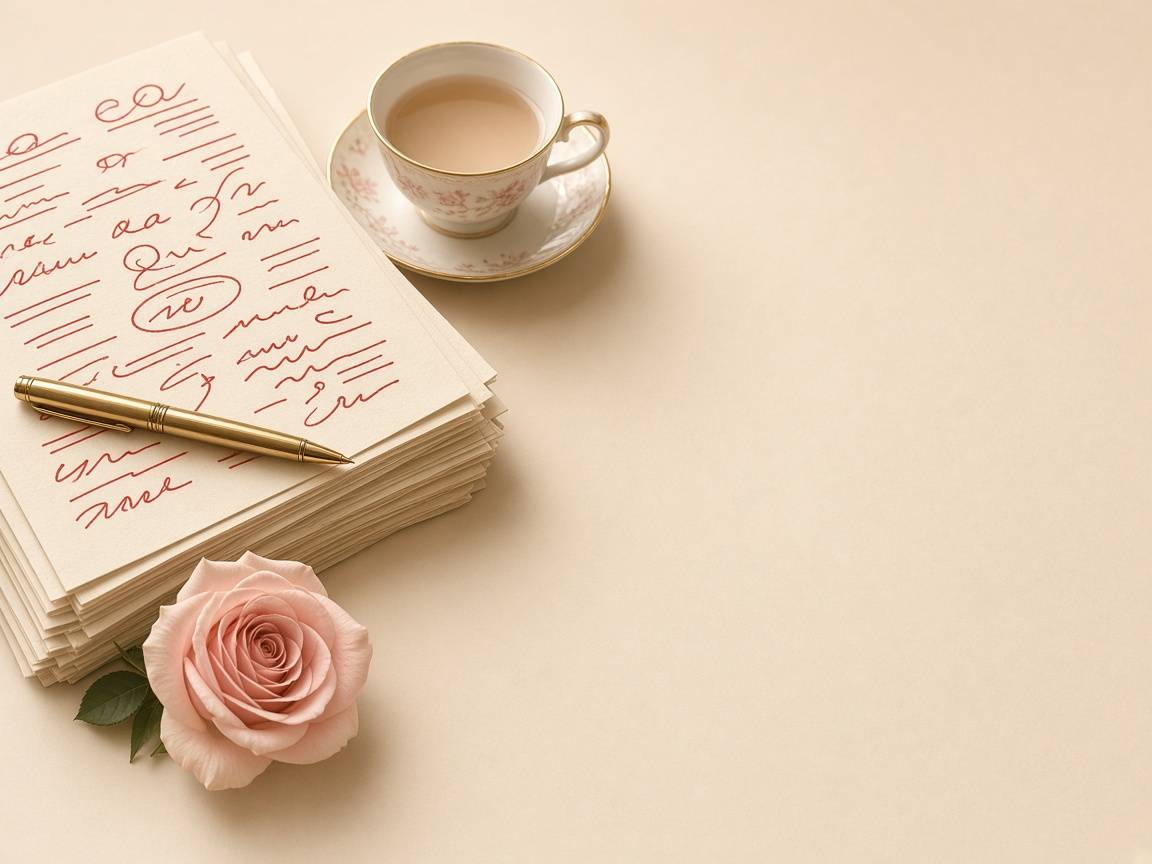 Manuscript pages marked up in red ink beside a teacup, a gold pen, and a pink rose