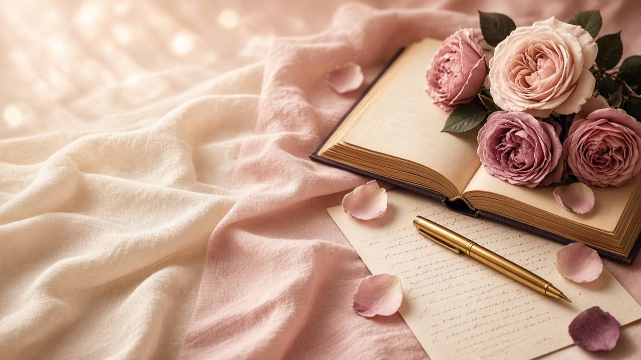 An open book with pink roses and a gold pen on handwritten pages